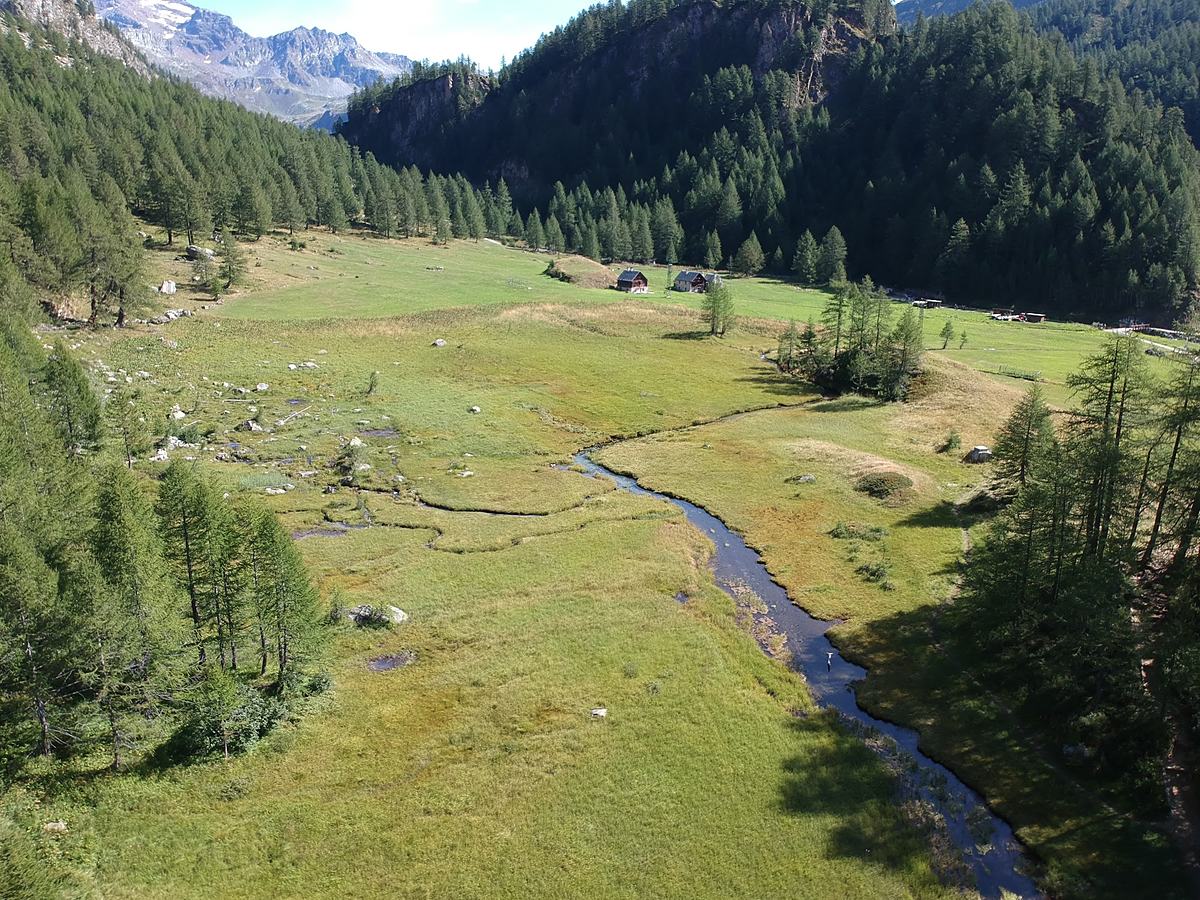 Una valle alpina vista dal drone, con le baite e il torrente